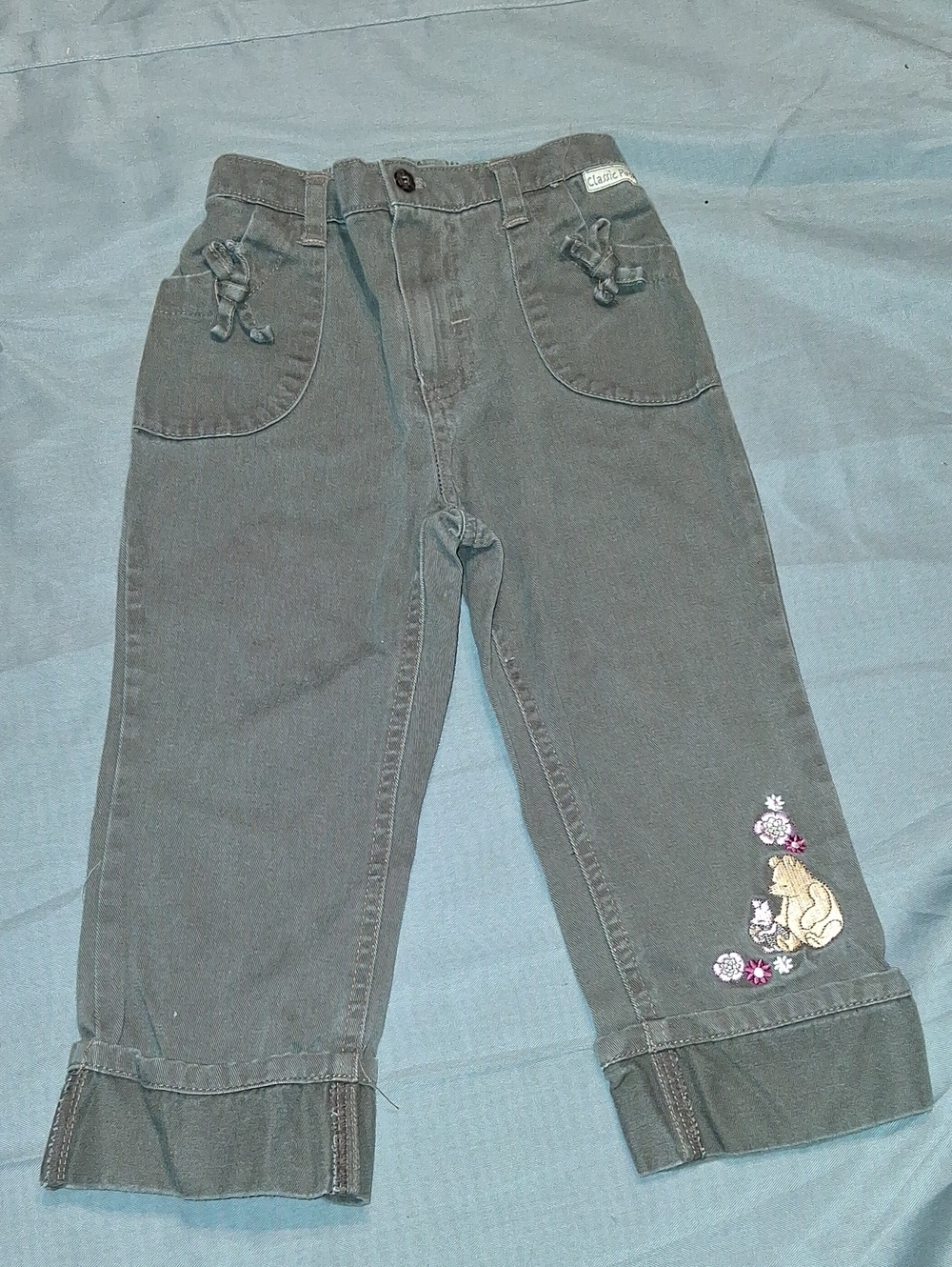 Girls Gray Embroidered Cuffed Jeans
